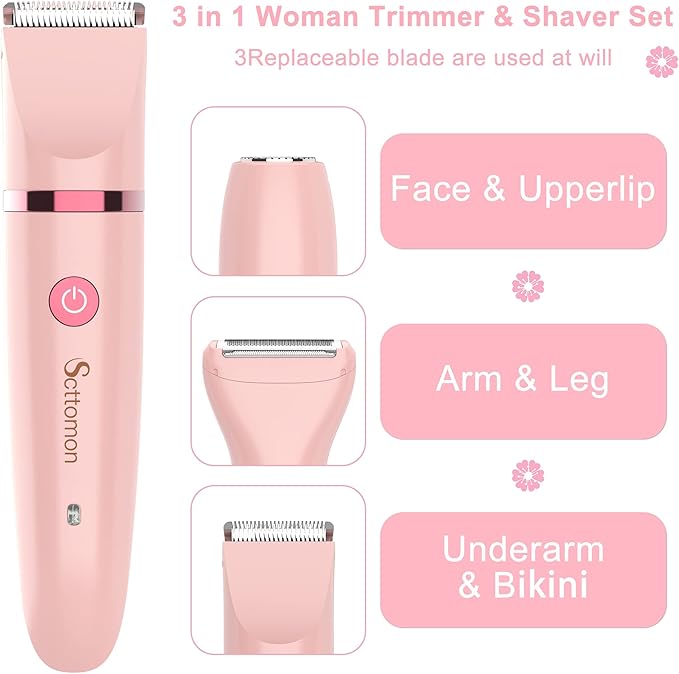 Electric Lady Shaver for Women - Painless Razor, Bikini Trimmer, Facial Hair Removal, Body Trimmer for Face, Legs, Underarm, Pubic - Wet and Dry Flawless 3 in 1-VivaGrace Women