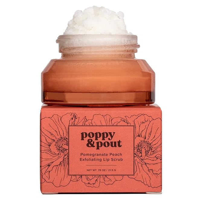 Poppy & Pout Natural Lip Scrub, Moisturizing Sugar Scrub for Dry Lips, Lip Scrubber Exfoliator with Essential Oils Smooths and Hydrates Lips, In Recyclable Glass Jars, Cruelty Free - Pomegranate Peach-VivaGrace Women