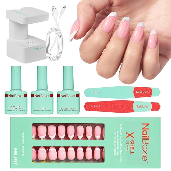 Modelones Gel Nail Kit, Press On Nails Kit with LED Light, 150 PCS Short Pink Almond, 15 Sizes French Tip Press on Nails, NailBoxie Pre-Colored Nail Tips for Easy DIY Nail Art-VivaGrace Women