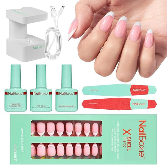 Modelones Gel Nail Kit, Press On Nails Kit with LED Light, 150 PCS Short Pink Almond, 15 Sizes French Tip Press on Nails, NailBoxie Pre-Colored Nail Tips for Easy DIY Nail Art-VivaGrace Women