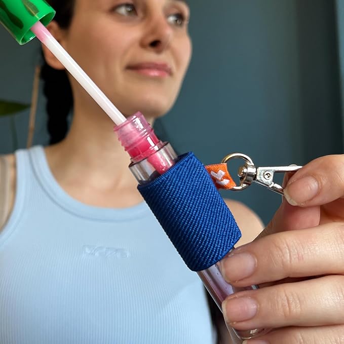 LipBalm Holder with Keychain, Lipstick Holder Keychain, Lip Gloss Holder Keychain, Never Lose Your Lip Balm, Lip Gloss or Lipstick with Cute Elastic Lip Balm Keychain Holder (Blue)-VivaGrace Women