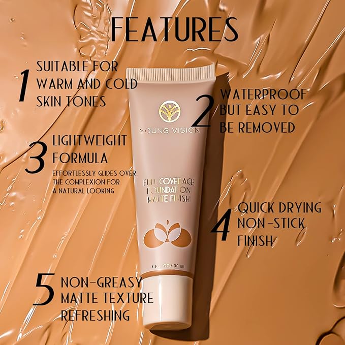 YOUNG VISION Full Coverage Longwear Foundation, Matte Finish, Waterproof, Poreless Liquid Foundation Makeup, Base de Maquillaje Alta Cobertura, 1 fl.oz-VivaGrace Women