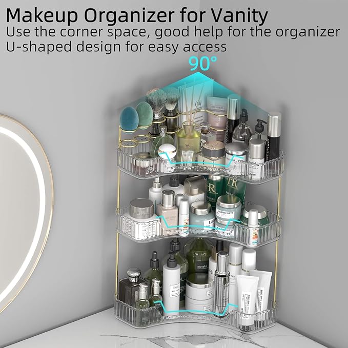 Makeup Organizer Countertop 3 Tier, Corner Bathroom Countertop Organizer with Toothbrush and Makeup Brush Holder, Corner Vanity Tray for Skincare Organization-VivaGrace Women