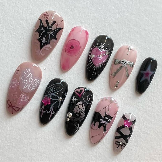 24Pcs Cute Cat Nails Halloween Press on Nails Medium Almond Fake Nails with Gothic Bat Heart Bow Rhinestones Design Y2k Glitter False Nails Halloween Full Cover Artificial Glue on Nails for Women DIY