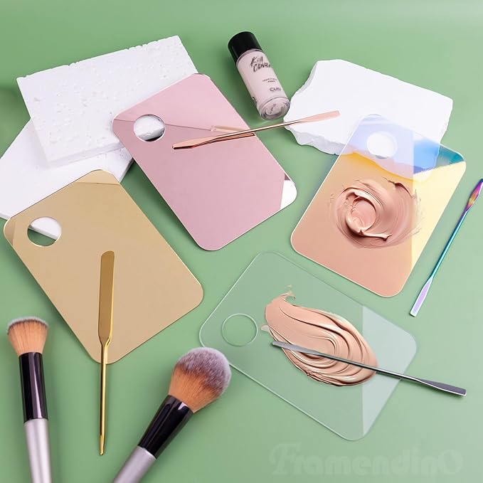 Framendino, 4 Pack Acrylic Cosmetic Makeup Palette Tray with 4 Pack Foundation Spatula Makeup Mixing Palette for Foundation Lipsticks Nail Art Beauty Salon-VivaGrace Women