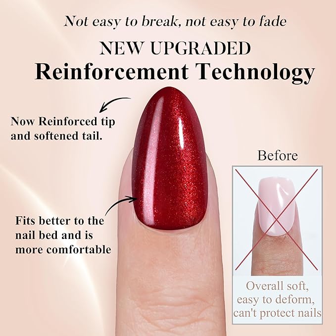 Red Press on Nails Almond, Jofay Fashion Soft Gel Fake Nails, Wine Red Glitter Press on Nails, Reusable & Natural Acrylic False Nails, Stick on Nails for Women Gift, Glue on Nails Kit 32 Pcs