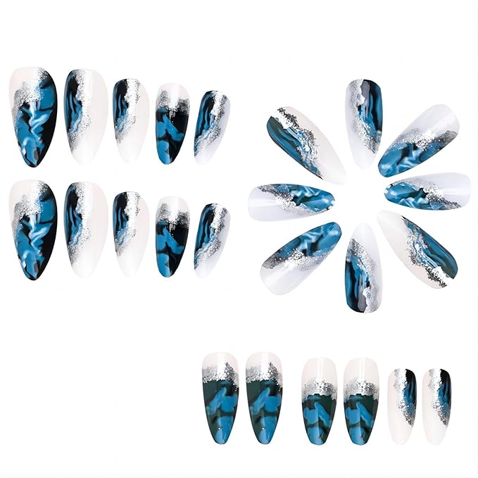 Almond Press-on Nails - Medium Length Fake Nails with Glue, Green Ombre Acrylic Designs, Silver Glitter, Dark Green Sfumato Glossy Artificial Nails, 24Pcs