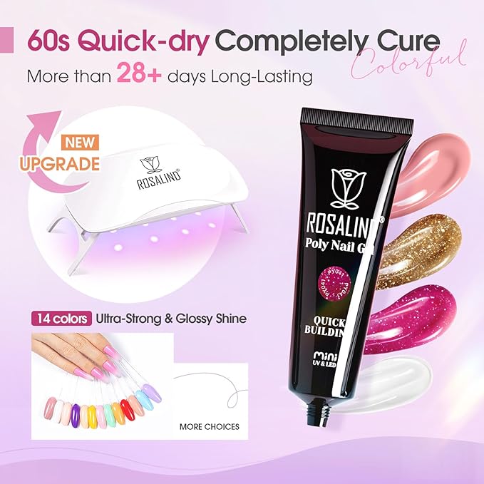 ROSALIND Poly Nail Gel Colors Kit -14 Colors +72 Nail Art Accessories kit Glitter Poly Nails Gel Kit Starter Kit with Mini UV Lamp Slip Solution Nude Pink Poly Nail Art for Beginners with Everything-VivaGrace Women