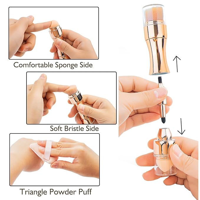 kullder 4 in 1 Makeup Brush Travel Makeup Brushes Blend Sponge, Eyebrow, Eyeshadow & Blush Brushes for Foundation Concealer Double Ended Makeup Brush with Powder Puff Women Ideal Gifts-VivaGrace Women