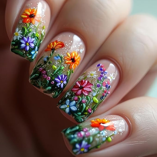 Flower Press on Nails Medium Square Fake Nails with Flower Designs Colorful Flowers Acrylic Nails Nude Pink Glossy Stick on Nails Floral False Nails for Women Girls 24Pcs