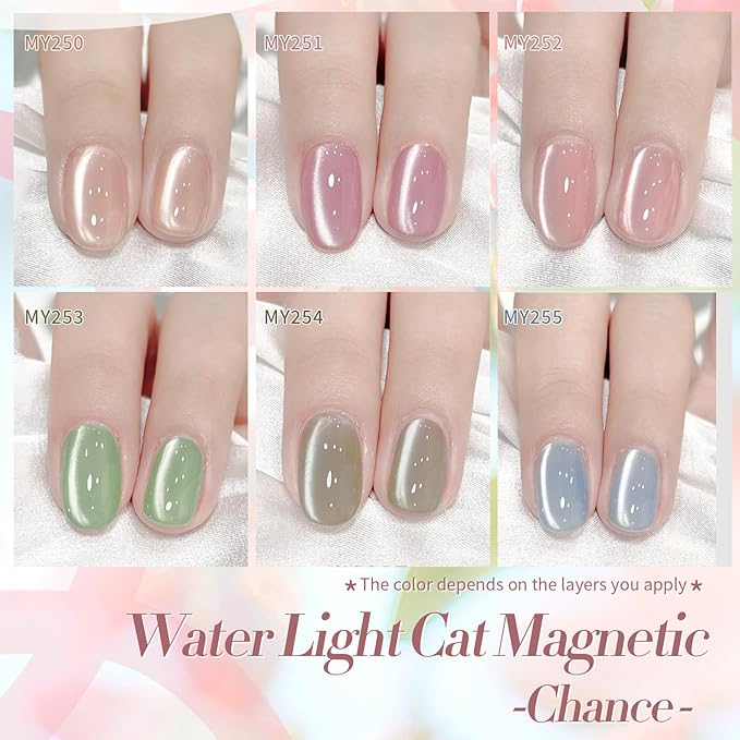 Born Pretty Pastel Magnetic Gel Nail Polish,Water Light Cat Magnetic Eye Gel Jelly Glass Crystal Nail Polish Glitter Shimmer Auroras Magnetic Gel Nail Art Manicure Kit 6PCS-VivaGrace Women
