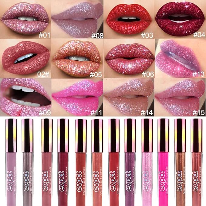 evpct 2Pcs Red Glitter Metallic Shimmer Diamond Lipstick Lip Gloss Stain Set for Women Long Lasting Waterproof, Dark Hot Bright Red Sparkle Glitter Matte long wear Liquid Lipstick Lip Makeup Kit-VivaGrace Women