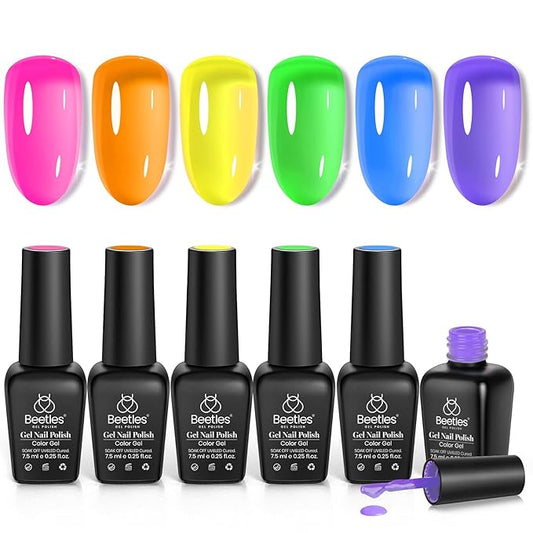 Beetles Neon Gel Nail Polish Set, 6 Summer Colors Jelly Gel Polish Kit Pink Orange Yellow Blue Green Purple Sheer Translucent Effect Soak Off UV French Nail Art Manicure Gifts for Girls Women-VivaGrace Women
