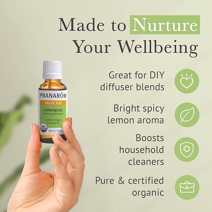 Pranarom USDA Certified Organic Lemongrass Essential Oil (30ml), 100% Pure Undiluted Therapeutic Grade from India for Aromatherapy, Diffuser, Meditation, Massage, Relaxation, Citrus - Lemon-VivaGrace Women