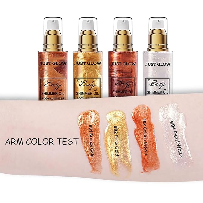 Shimmer Body Oil, Face and Body Liquid Luminizer Waterproof Moisturizing, Light Shimmer Glow Illuminator, Smooth Body Highlighter Makeup Liquid Body Shimmer (2# Gold)-VivaGrace Women