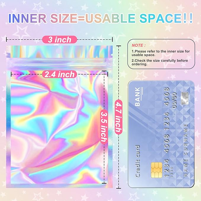 ANZNKU 100 Pack Mylar Bags Reasealable Holographic Bags, Smell Proof Bag Zipper Pouches with Clear Window, Jewelry Candy Sealable Bag for Packaging Sample Party Favor (3 x 4.7 Inch)-VivaGrace Women