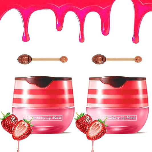 2PCS Strawberry Pot Lip Balm with Brush,Lip Exfoliating Balm Sleeping Lip Mask,Hydrating Prevention Dry and Cracked Lip Scrubs Exfoliato Lip Sleeping Mask Reduces Lip Lines Lip Care Products-VivaGrace Women