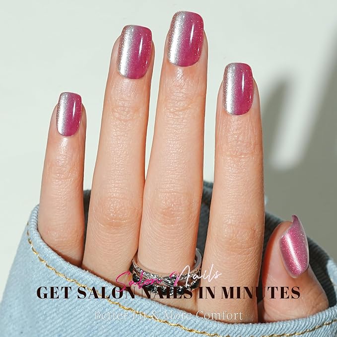 Press on Nails Short, Jofay Fashion Fake Nails, Two-color Ombre Cat Eye Press on Nails, Summer Acrylic False Nails, Reusable Stick on Nails for Women Girls, Glue on Nails Kit 32 Pcs, Cherry Sparkle