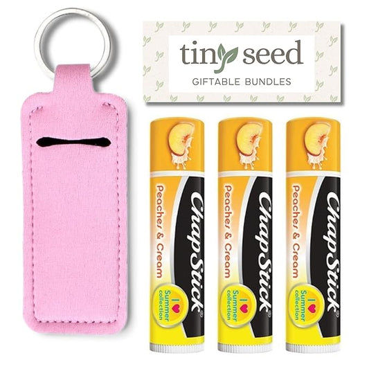 Peaches and Cream Chapstick 3-Pack. Includes Bonus Lip Balm Holder Keychain (Pink). Limited Edition Flavor from the Chapstick I Love Summer Collection, Unique Gift Bundle from-VivaGrace Women