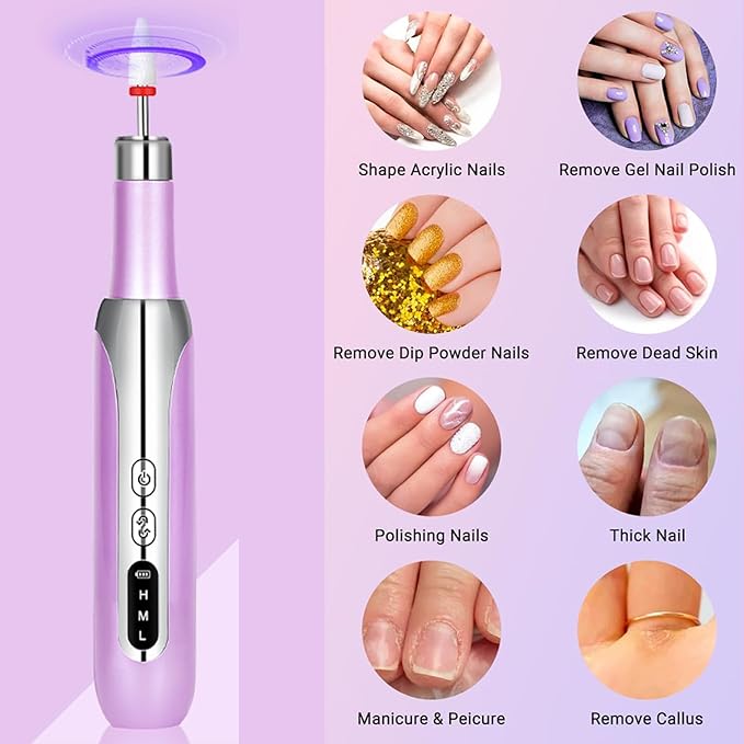 Electric Nail Drill File Cordless,Portable Rechargeable Nail File Kit for Acrylic & Gel Nails,Professional Efile for Manicure Pedicure Polishing,with 12 Nail Drill Bits 31 Sanding Bands,Purple-VivaGrace Women