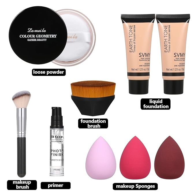 Foundation Liquid Full Coverage Matte Oil Control Concealer with Face Primer & Makeup Brush & Makeup Sponges-VivaGrace Women