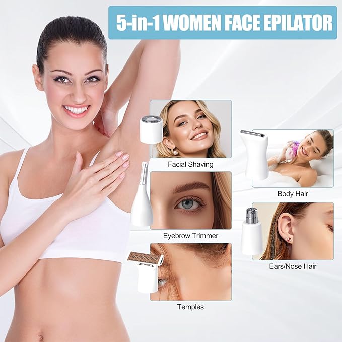 Women Face Epilator, 5 in 1 Epilator Hair Removal for Women, Electric Rechargeable Facial Hair Divice for Face,Lip,Chin with 5 x Replacement Heads, Nose Trimmer for All Skin Types-VivaGrace Women