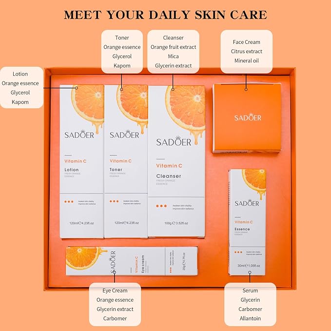 Vitamin C Daily Skin Care Set Daily Moisturizing & Nourishing Fresh Orange Essence Skin Care Set Vitamin Essence Six-piece Set-VivaGrace Women