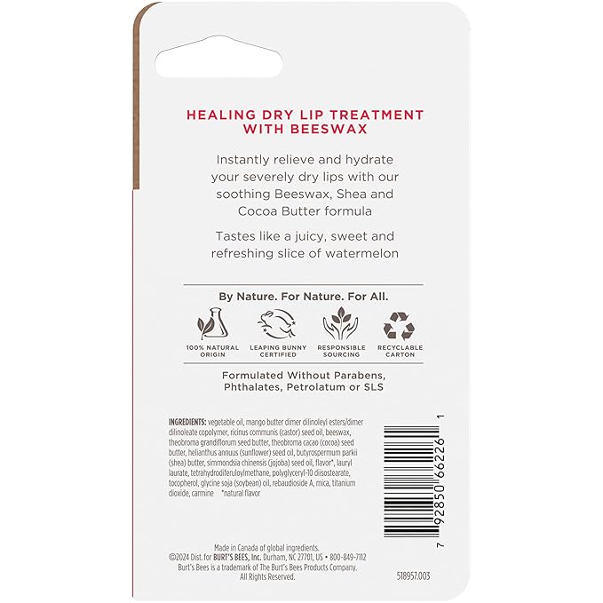 Burt's Bees Rescue Lip Relief, Watermelon, Hydrating Lip Balm for Dry Cracked Lips, with Responsbily Sourced Beeswax and Shea Butter, 100% Natural Origin, 1 Squeezy Tube, 0.35oz-VivaGrace Women