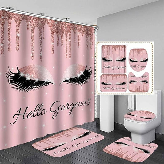 4PCS Hello Gorgeous Unicorn Eyelash Shower Curtain Set Luxury Diamond Rose Gold Glitter Eyeshadow Makeup Pink Glam Beauty Fashion Girly Women Bathroom Decor Non-slip Bath Mat Toilet Rug, Bling-VivaGrace Women