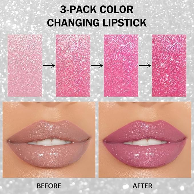 DAGEDA 3PCS Glitter Lipstick, Moisturizing Glossy Color Changing Lip Balm, Long Lasting Shimmer Lipstick, Nonstick Color Change Lipstick, Waterproof Glitter Lip Balm for Festival-VivaGrace Women