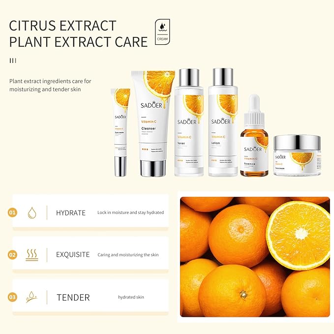 Vitamin C Daily Skin Care Set Daily Moisturizing & Nourishing Fresh Orange Essence Skin Care Set Vitamin Essence Six-piece Set-VivaGrace Women