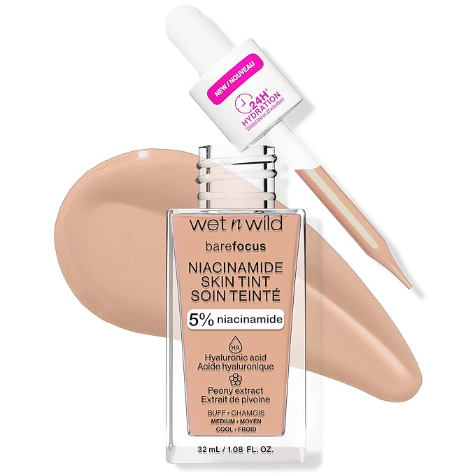 wet n wild Bare Focus Skin Tint, 5% Niacinamide Enriched, Buildable Sheer Lightweight Coverage, Natural Radiant Finish, Hyaluronic & Vitamin Hydration Boost, Cruelty-Free & Vegan - Buff-VivaGrace Women