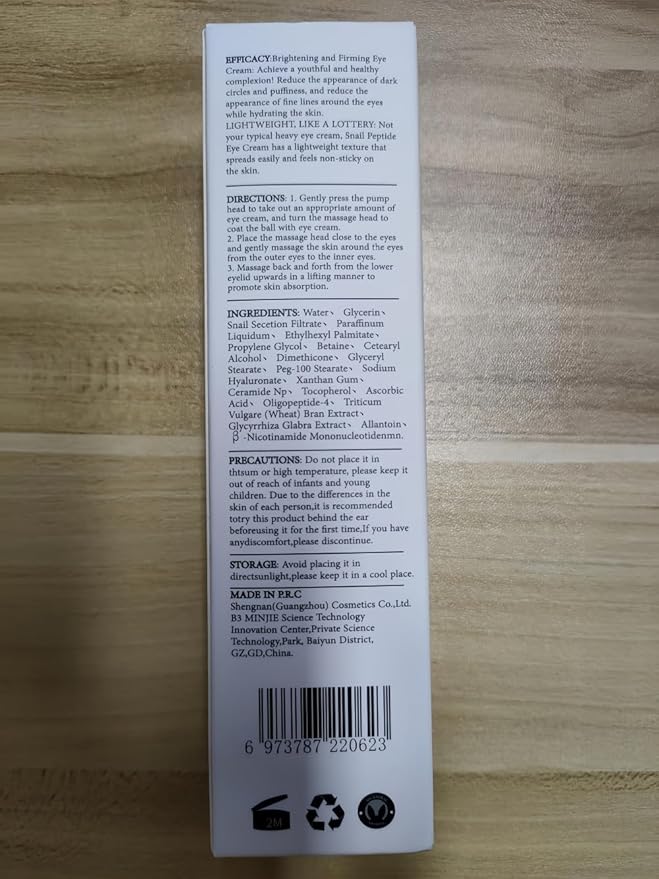 Snail Peptide Eye Cream, Snail Mucin Eye Cream Contains Niacinamide, Hyaluronic Acid To Reduce Wrinkles, Dark Circles, Puffiness and Fine Lines 17 ML-VivaGrace Women