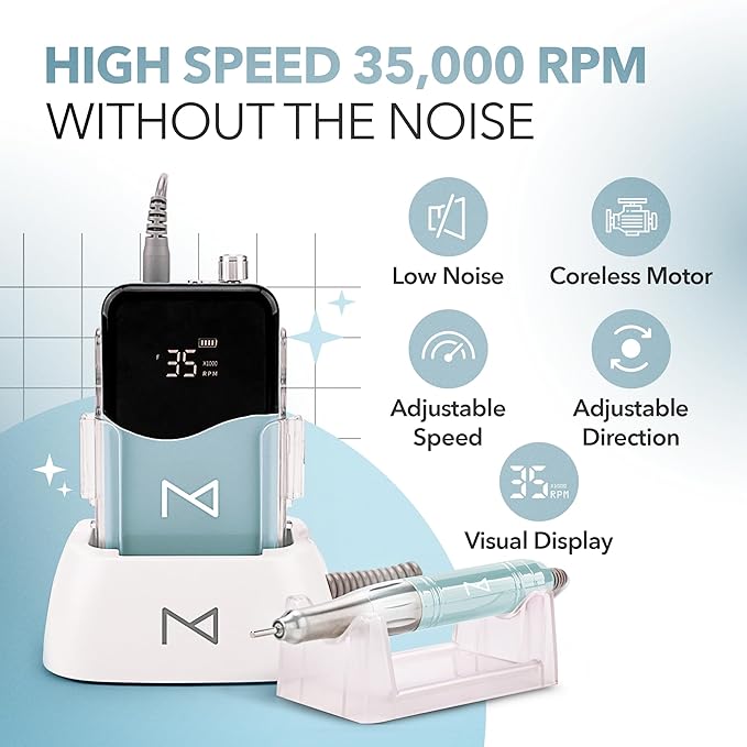 M Mase- Professional Nail Drill Machine - Coreless 2-in-1 Nail File - Electric, Cordless, 35000 RPM, HD Display - Electric Nail Drill for Professional & Home Use (Teal)-VivaGrace Women