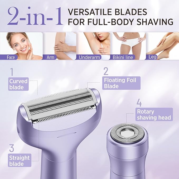 Electric Razor for Women Body: Rechargeable Painless Electric Shaver for Bikini Face Body Legs Underarms - 3-in-1 Blade and Rotary Shaving Head (Purple)-VivaGrace Women