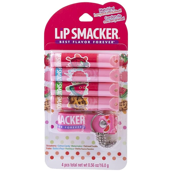 Lip Smacker Flavored Lip Balm & Pink Lanyard Set | Strawberry, Cotton Candy, Watermelon, Oatmeal Cookie Flavors | For Kids | Stocking Stuffer | Christmas Gift | Set of 4-VivaGrace Women