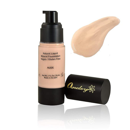 liquid mineral foundation organic natural vegan cruelty free chemical free full coverage aloe base highly pigmented lightweight formula acts as a moisturizer, sunblock and skin care (Nude)-VivaGrace Women