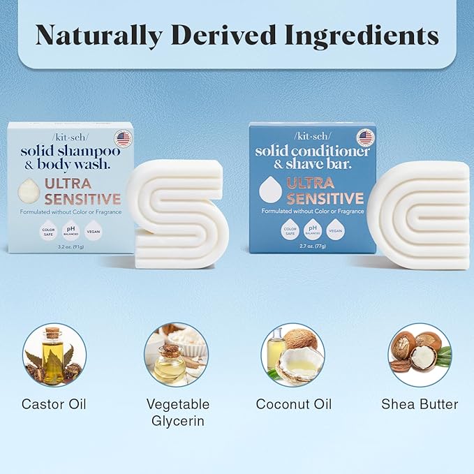 Kitsch 2-in-1 Ultra Sensitive Shampoo Bar & Body Wash + Conditioner Bar & Shaving Soap – Fragrance-Free Bar Soap for Sensitive Skin & Scalp - For Healthy, Radiant Hair and Skin - Made in USA – 2pcs-VivaGrace Women