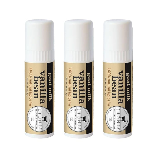 Dionis Goat Milk Skincare Vanilla Bean Holiday Lip Balm Gift Set - Beeswax, Shea Butter & Coconut Oil Lip Care Products Made in The USA - Cruelty Free Lip Moisturizer For Chapped Lips, 0.28oz 3 Pack-VivaGrace Women