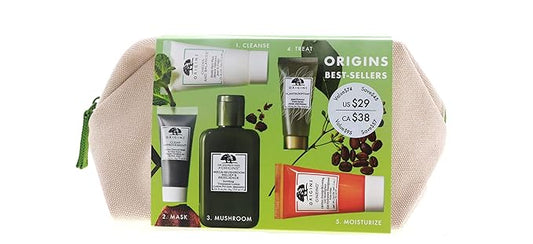 Origins Best Sellers Set for Women - 5 Pc 1oz Checks Face Wash, 3.8oz Lotion, 0.5oz Clear Charcoal Face Mask,1.62oz Serum, 1.69oz Moisturizer-VivaGrace Women