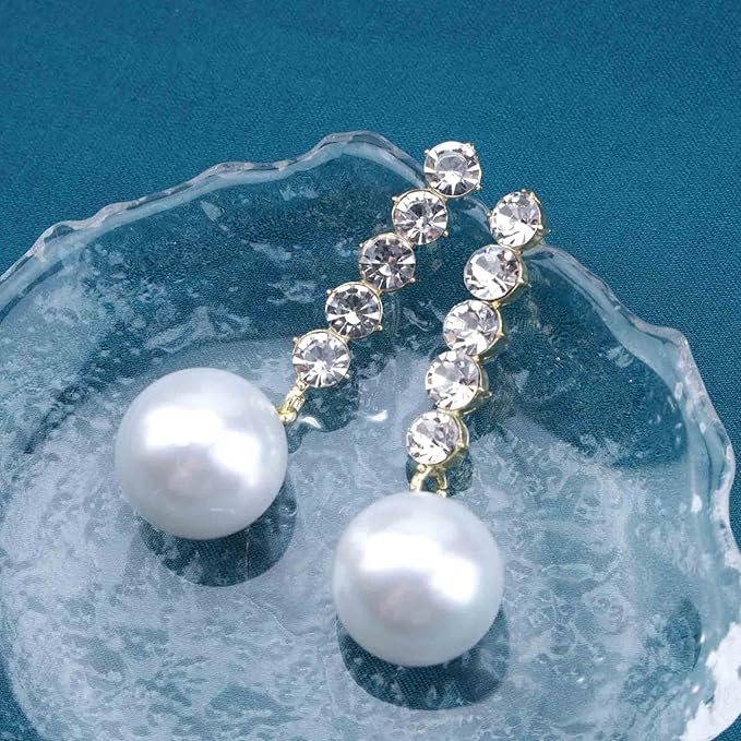 Vintage Pearl Drop Earring Gold Rhinestone Diamond Stud Earrings Cubic Crystal Earrings Wedding Pearl Earrings Jewelry for Women and Girls-VivaGrace Women