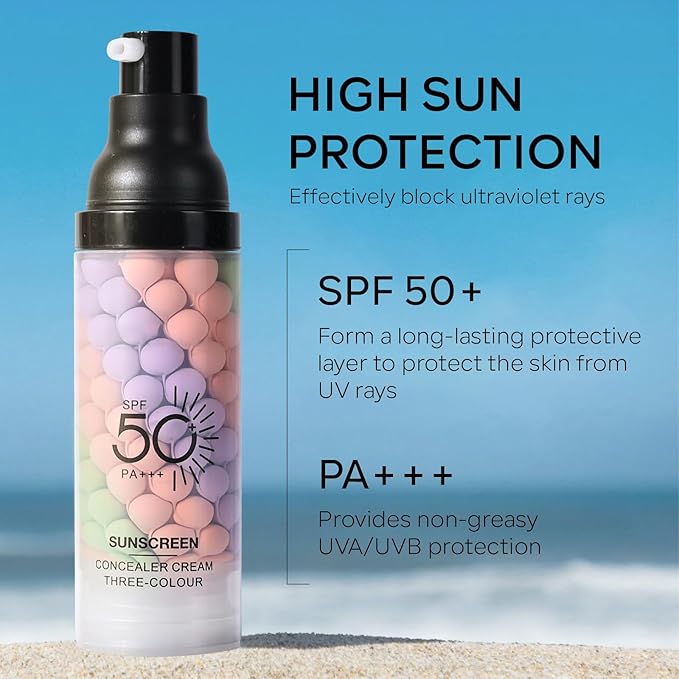 3 in 1 Color Correcting Makeup Primer Facial Serum, SPF 50 PA+++ Sunscreen Isolation Cream, Oil Control Moisturizing Skin Tone Correcting, One Step Color Corrector Face Primer-VivaGrace Women