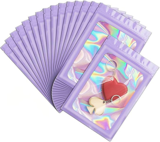 ANZNKU 100 Pcs Smell Proof Mylar Resealable Bags, Holographic Packaging Bags, Resealable Odor Foil Pouch Zip Bag with Clear Window for Food Storage and Lipgloss, Jewelry Lash (Purple, 5.5 x 7.9 Inch)-VivaGrace Women