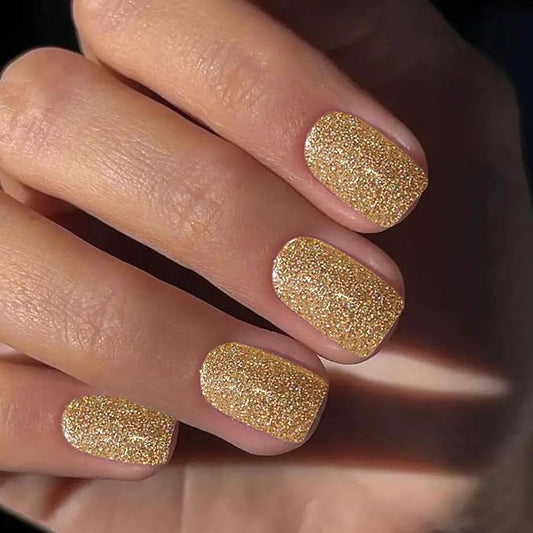 KQueenest Light Gold Glitter Press on Nails, Short Square Acrylic False Nails with Designs, 24 Pcs Set