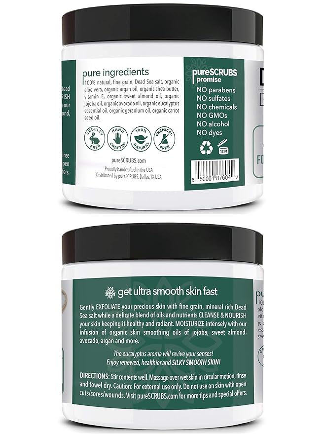 pureSCRUBS Premium Eucalyptus Body Scrub Set - Large 16oz Dead Sea Salt Body Scrub With Infused Essential Oils & Nutrients, Includes Wooden Spoon, Loofah & Oatmeal Exfoliating Bar Soap-VivaGrace Women