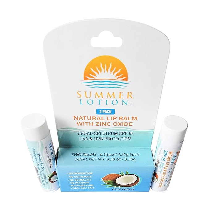 Natural Lip Balm with Zinc Oxide Sunblock by Summer Lotion, SPF 15 Lip Sunscreen 2-Pack, Water Resistant Chapstick, SPF Lip Protection for Everyone, (Coconut)-VivaGrace Women