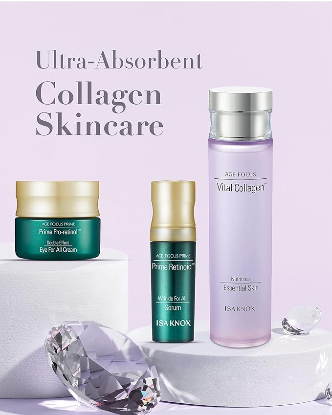 ISA KNOX AGE FOCUS VITAL COLLAGEN Emulsion, PRIME Wrinkle For All Serum & PRIME Eye For All Cream (177 ml/5.99 fl oz) - Korean Skin Care by LG Beauty. Vitamins C, B12 & E.-VivaGrace Women