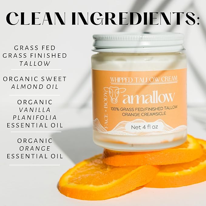 Amallow 100% Grass Fed Beef Tallow for Skin Care - Face + Body - Whipped Moisturizer - Natural Lotion, 4 FL. oz. (Orange Creamsicle)-VivaGrace Women