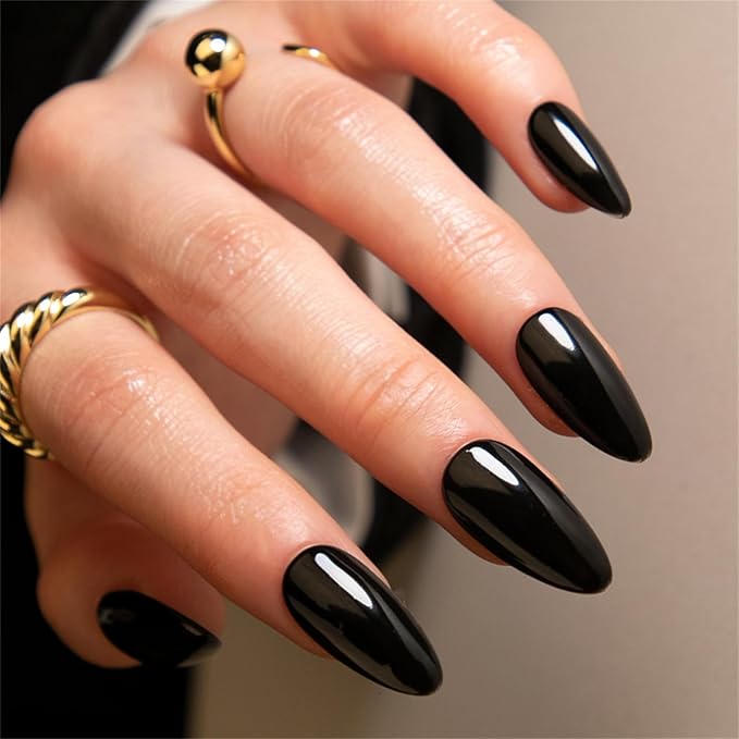 Black Fake Nails Medium Press on Nails Almond Glossy Acrylic Glue on Nails Full Cover Artificial False Nails for Women and Girls