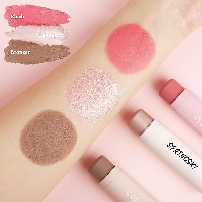 Face Stick Trio 3Pcs Multi Makeup Blush Highlighter Contour Sticks, Buildable Blendable Lightweight Cream Blush Stick for Cheeks Lips Make Up For Women (05)-VivaGrace Women